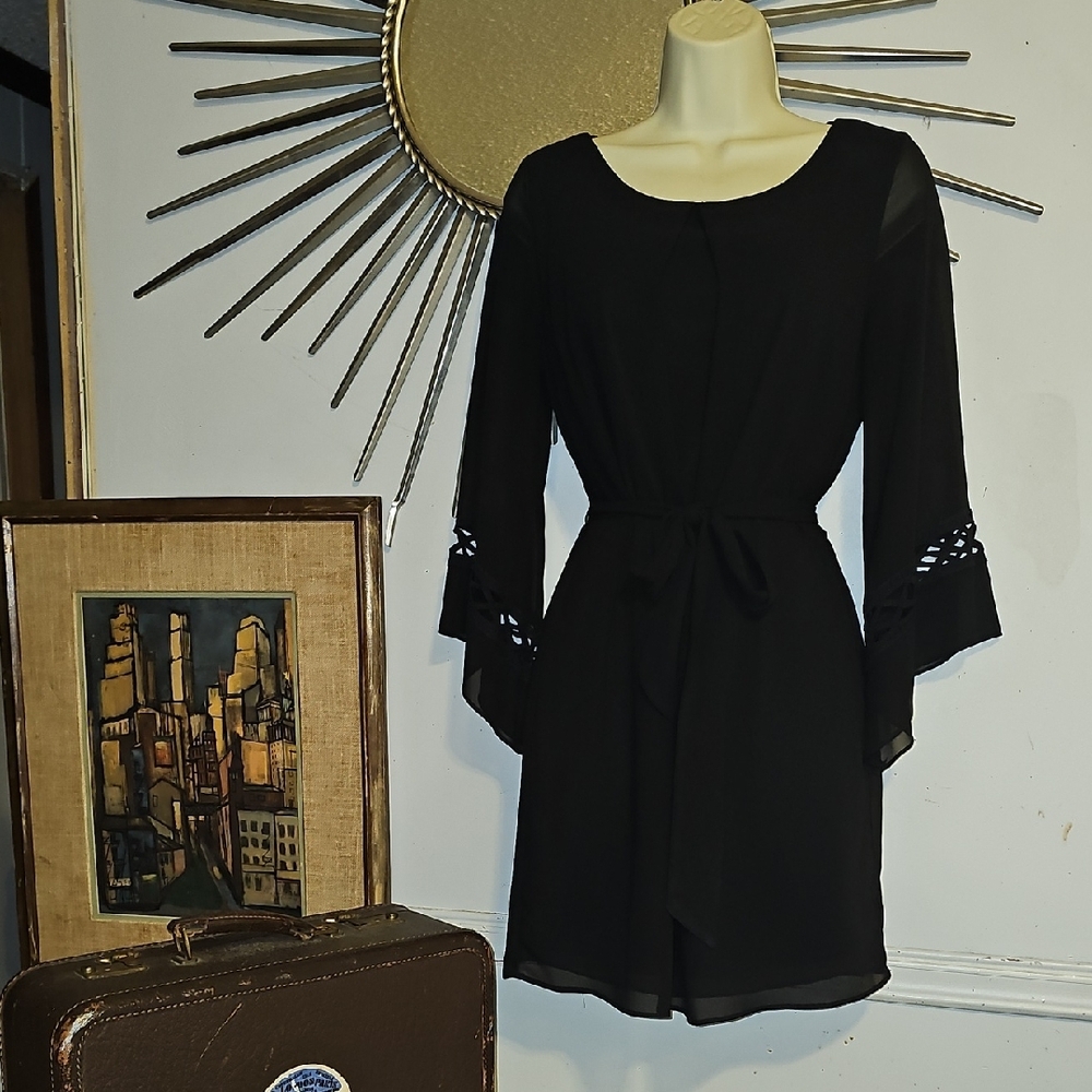 A. Byer Black Long-Sleeve Shift Dress with Cutout Bell Sleeves